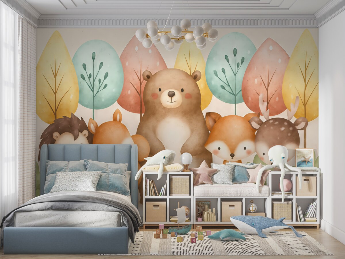 Fototapeta Fauna leśna i drzewa, niedźwiedź, wiewiórka, lis, jeż, łoś.