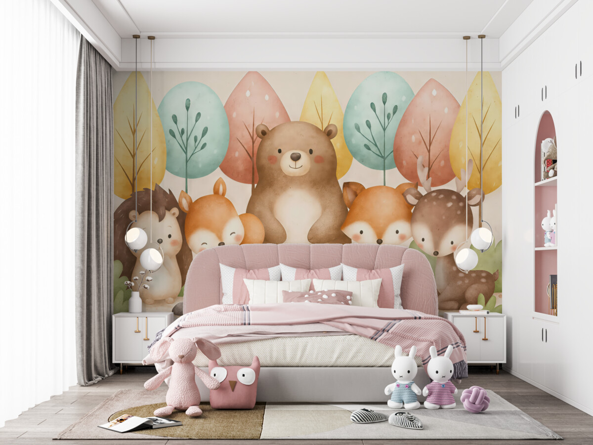 Fototapeta Fauna leśna i drzewa, niedźwiedź, wiewiórka, lis, jeż, łoś.