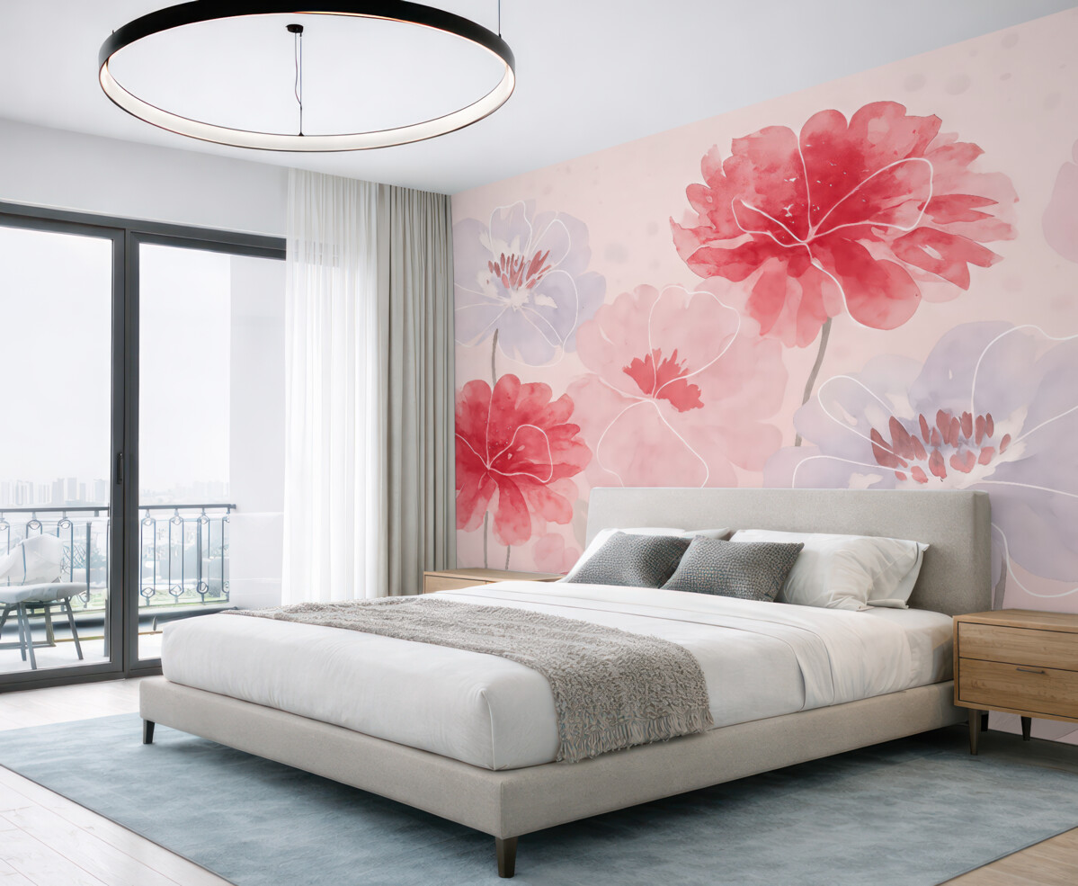 Fototapeta Różowe oraz fioletowe kwiaty w farbach wodnych.