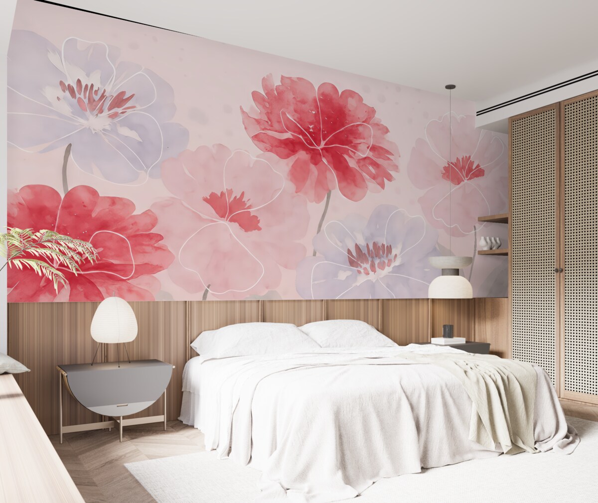 Fototapeta Różowe oraz fioletowe kwiaty w farbach wodnych.