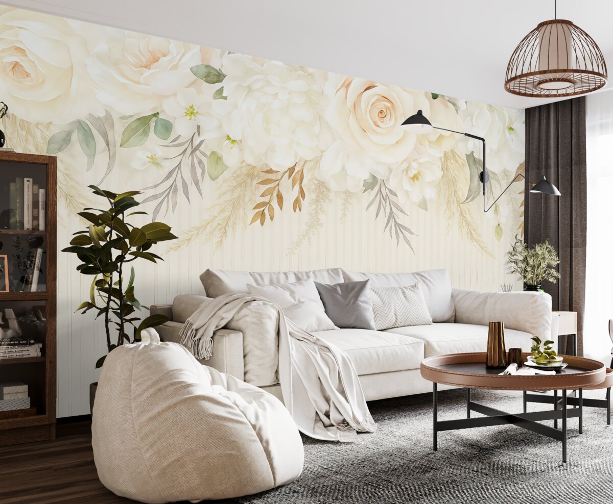 Fototapeta jasne kwiaty widziane z góry na tle w pasy