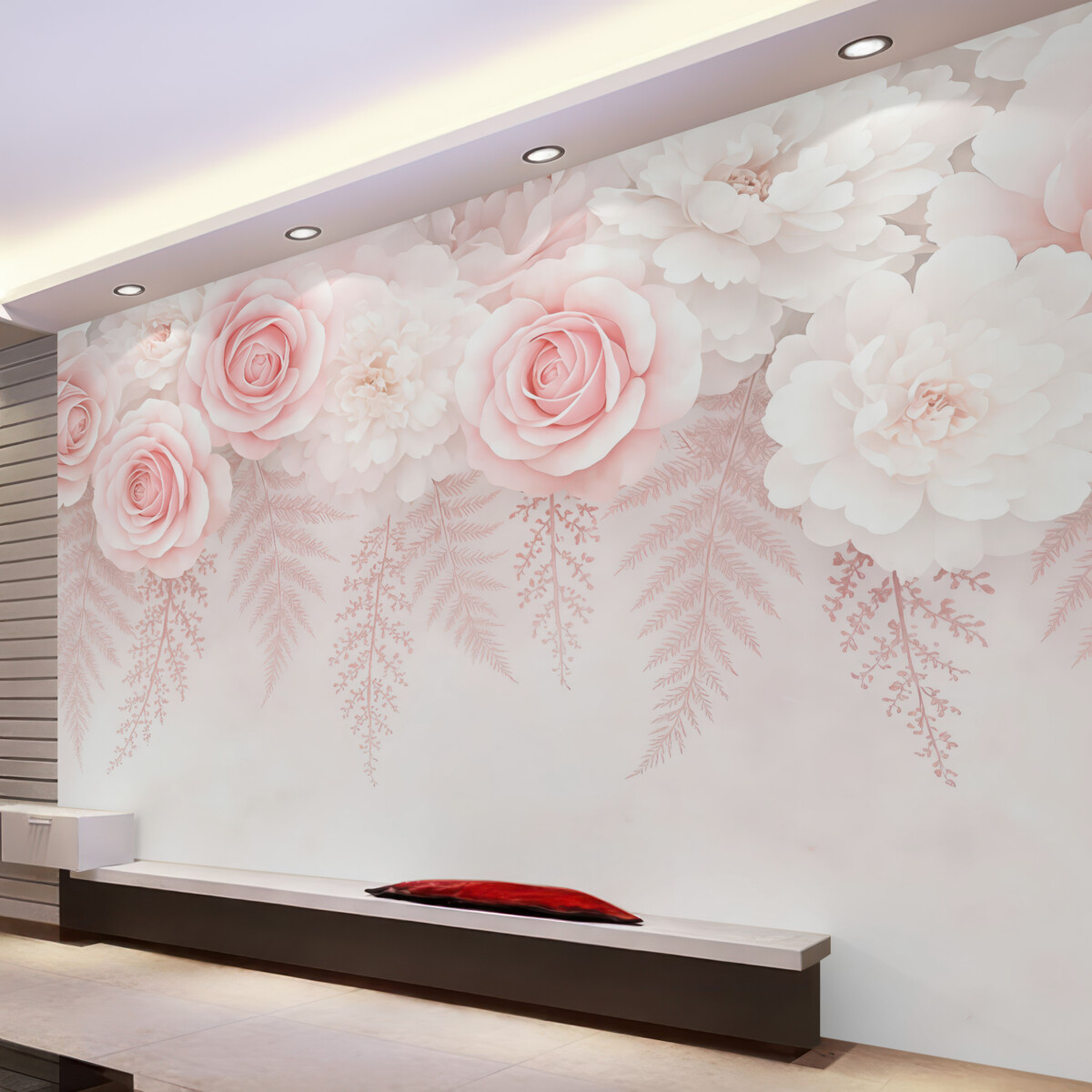 Fototapeta Różowe kwiaty oraz gałązki z wierzchu.