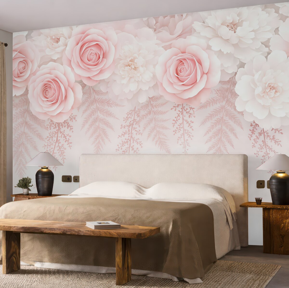 Fototapeta Różowe kwiaty oraz gałązki z wierzchu.