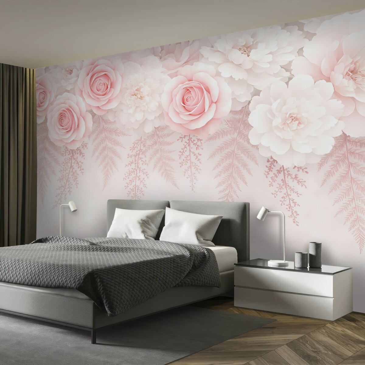 Fototapeta Różowe kwiaty oraz gałązki z wierzchu.