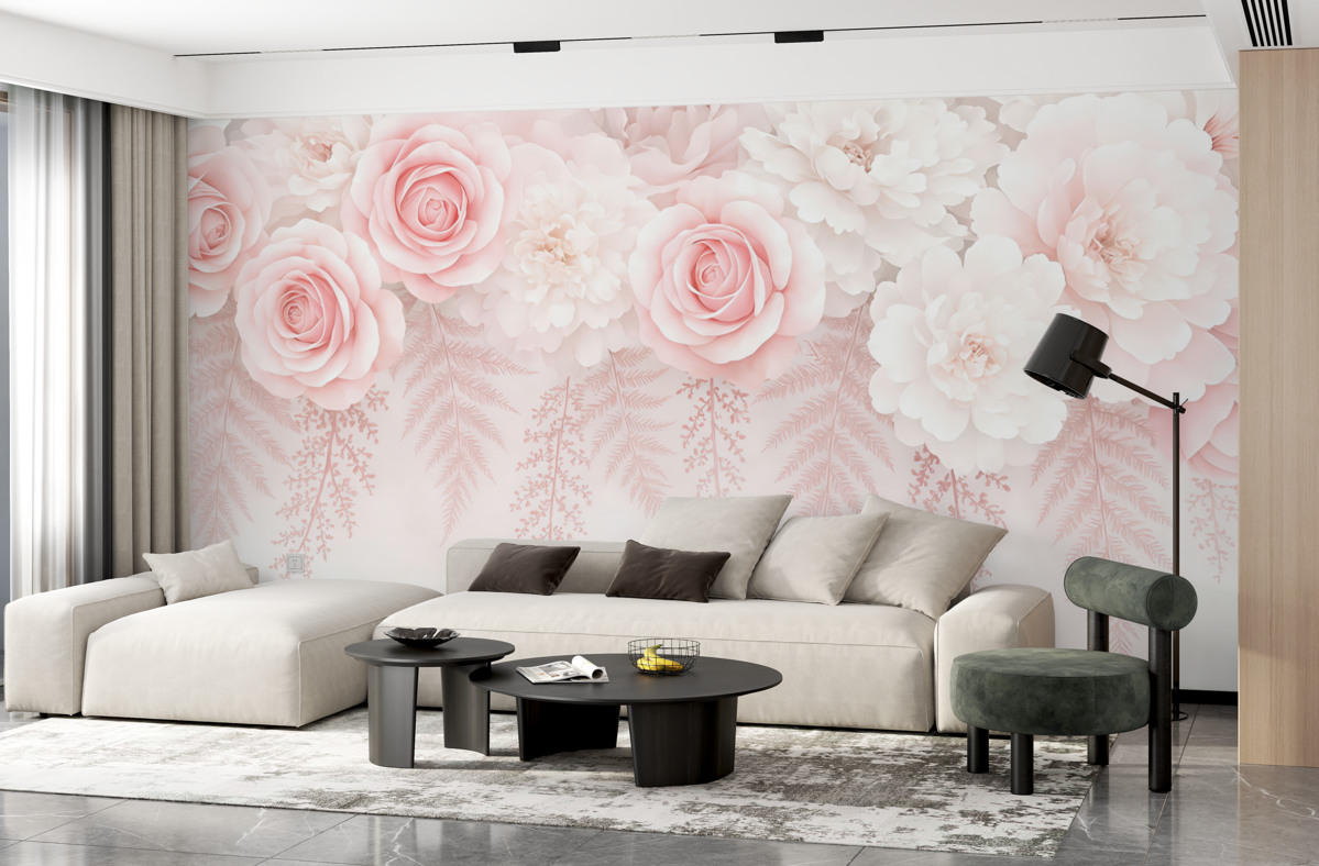 Fototapeta Różowe kwiaty oraz gałązki z wierzchu.