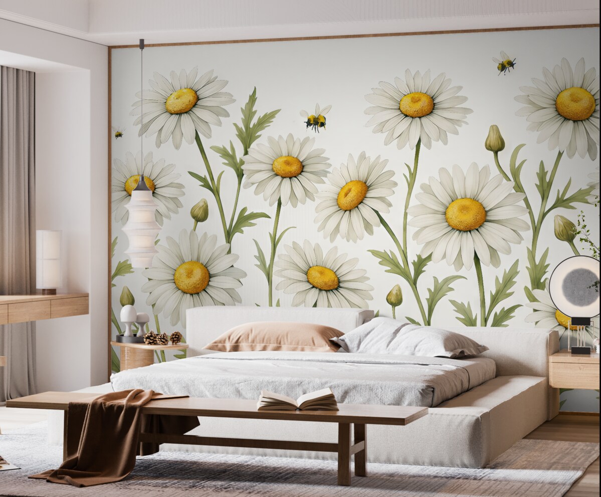 Fototapeta Kwitnące białe stokrotki, pszczoły fruwające nad akwarelowymi roślinami, barwy zielona, biała, żółta.