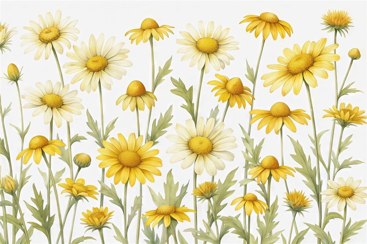 Fototapeta Wielkie żółte stokrotki rozkwitają w akwareli, odcieniach żółtego i zielonego.