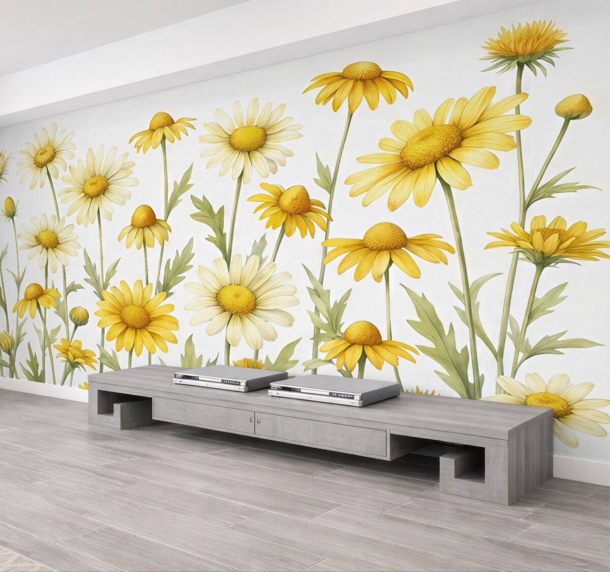 Fototapeta Wielkie żółte stokrotki rozkwitają w akwareli, odcieniach żółtego i zielonego.