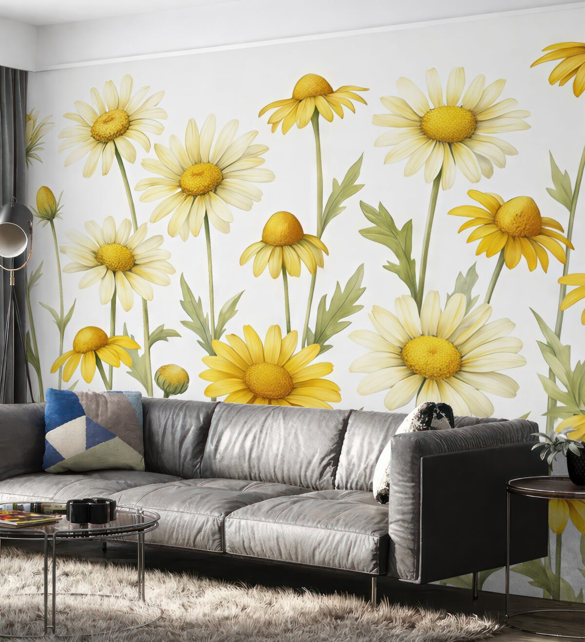 Fototapeta Wielkie żółte stokrotki rozkwitają w akwareli, odcieniach żółtego i zielonego.