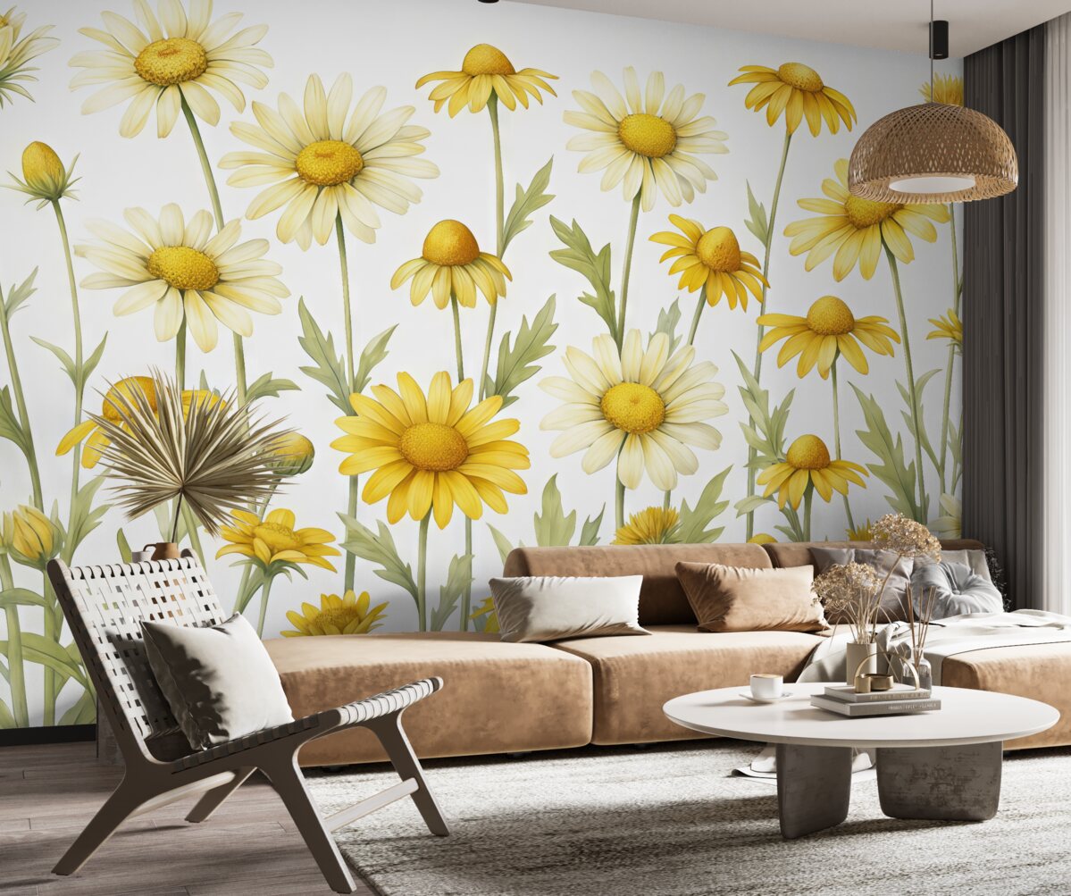 Fototapeta Wielkie żółte stokrotki rozkwitają w akwareli, odcieniach żółtego i zielonego.