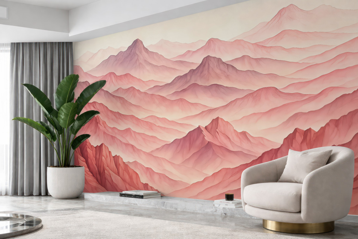 Fototapeta Ilustracja akwareli górskich grzbietów, odcienie różu i fiolety.