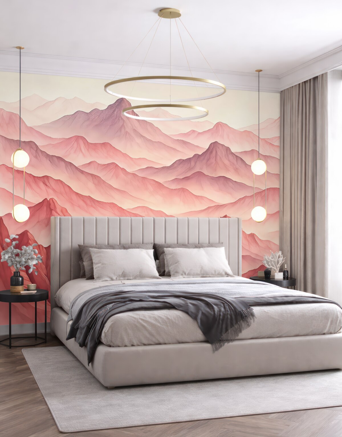 Fototapeta Ilustracja akwareli górskich grzbietów, odcienie różu i fiolety.