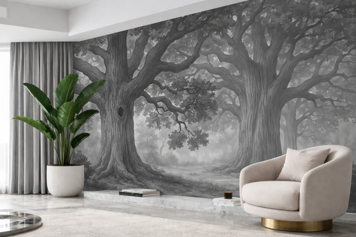 Fototapeta Wielkie drzewa w cichym pejzażu.