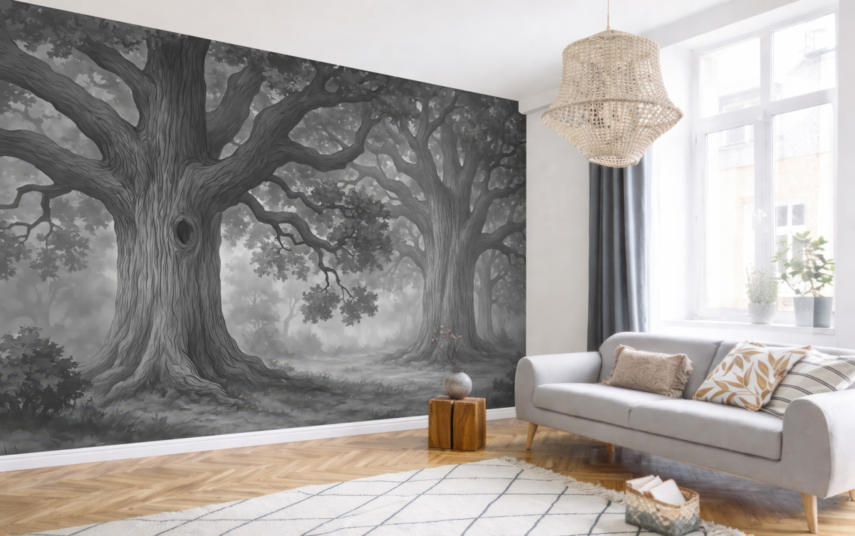 Fototapeta Wielkie drzewa w cichym pejzażu.