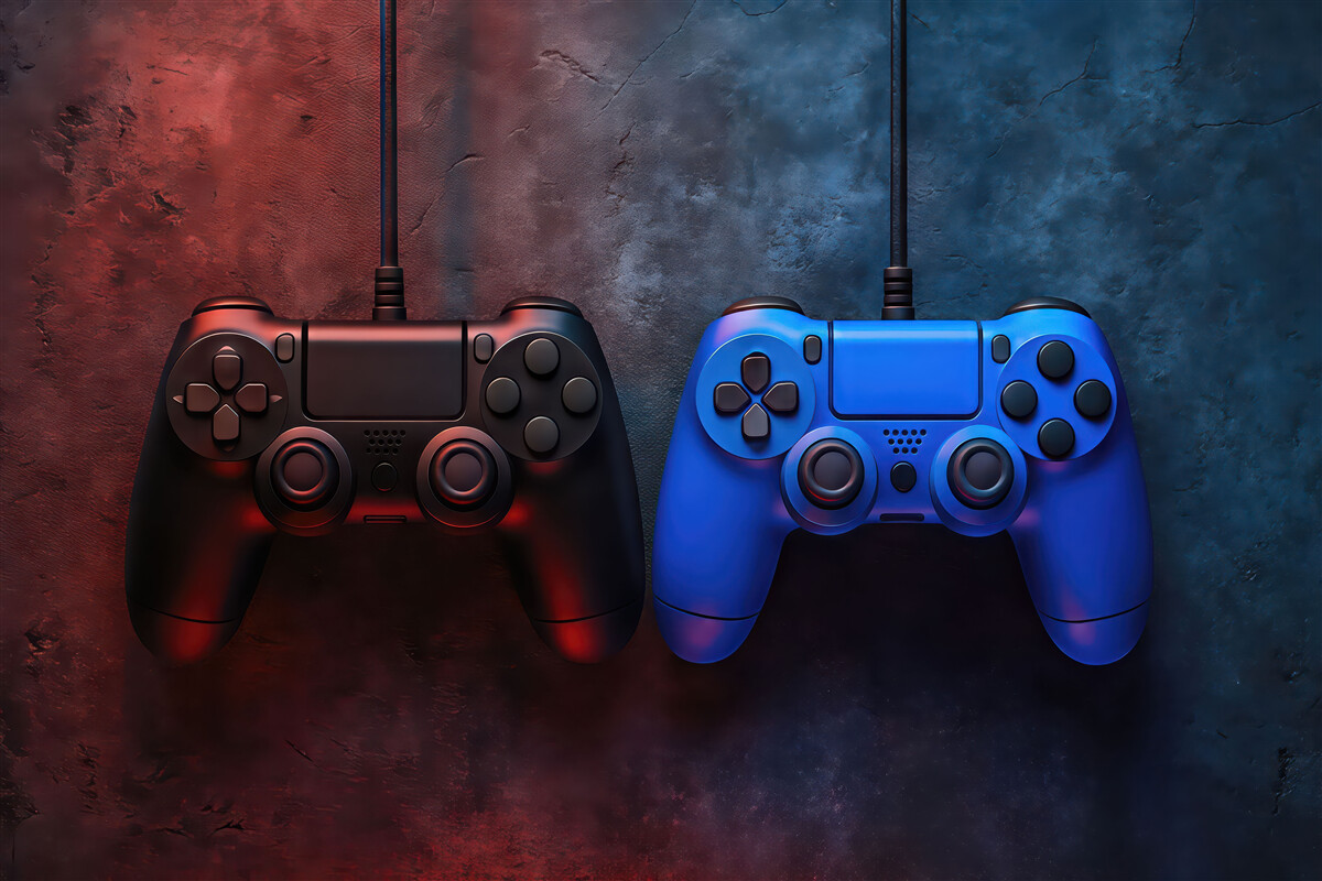 Fototapeta Czarny-niebieski DualShock na mrocznym tle.