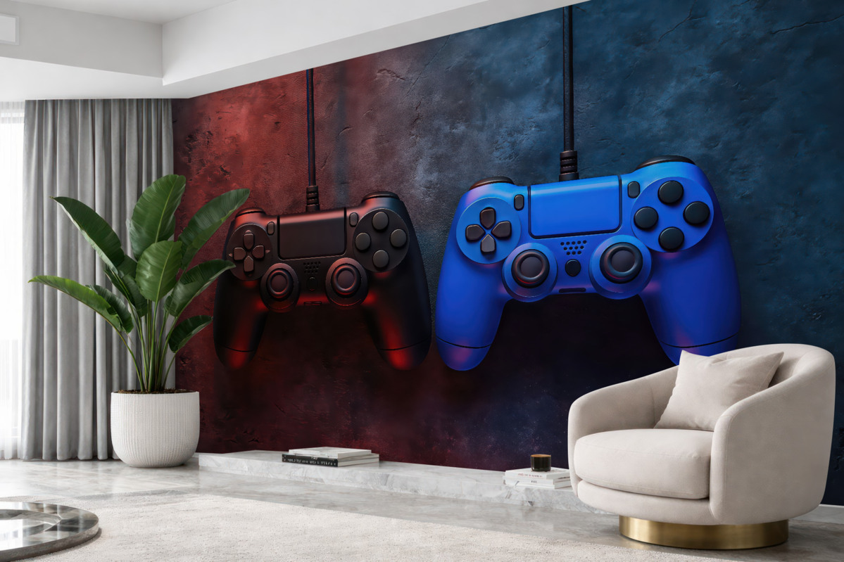 Fototapeta Czarny-niebieski DualShock na mrocznym tle.