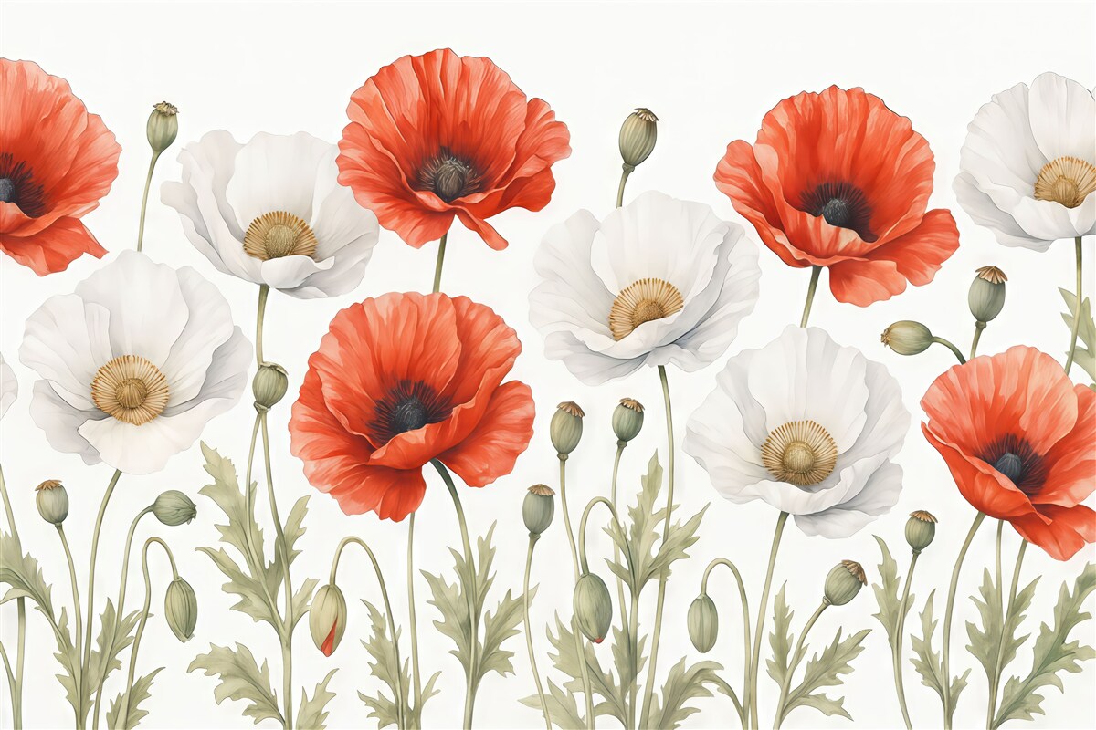 Fototapeta Akwarela czerwone i białe kwiaty maku.
