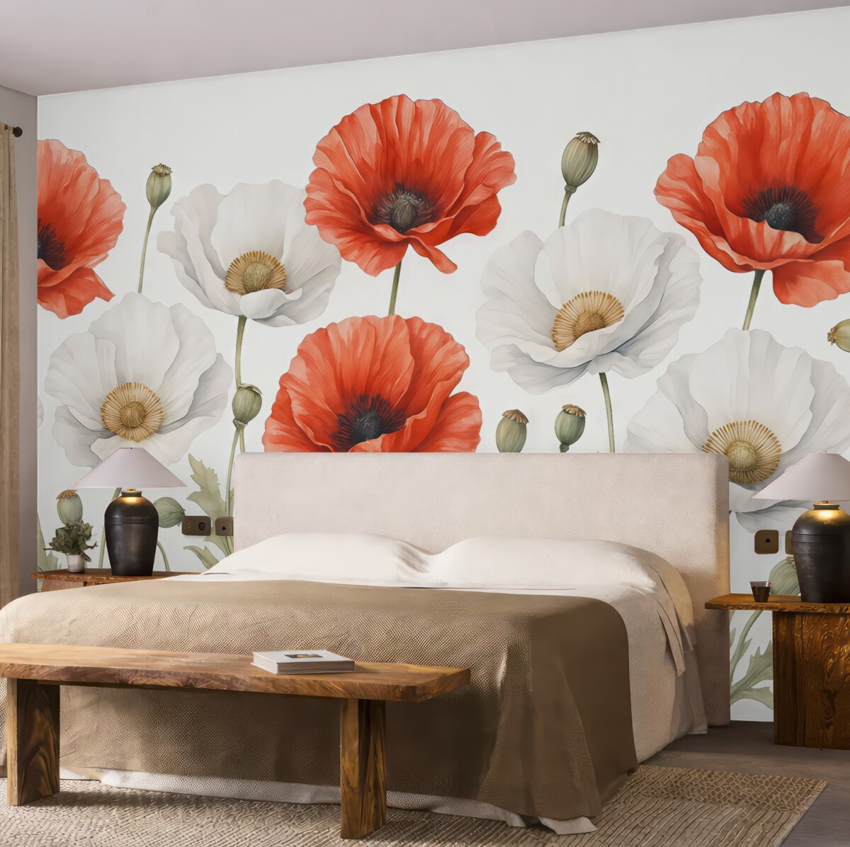 Fototapeta Akwarela czerwone i białe kwiaty maku.