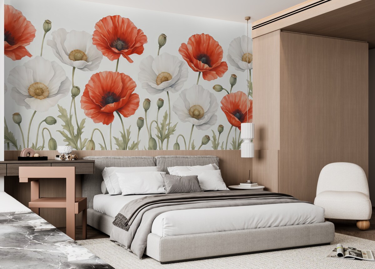 Fototapeta Akwarela czerwone i białe kwiaty maku.