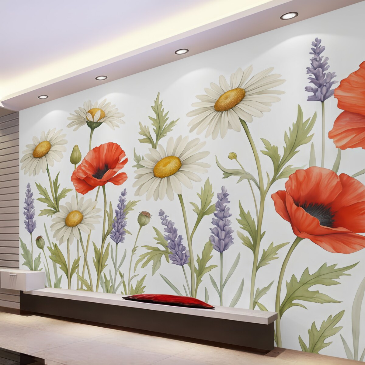 Fototapeta Białe stokrotki, czerwone maki oraz lawendowa farba akwarelowa.