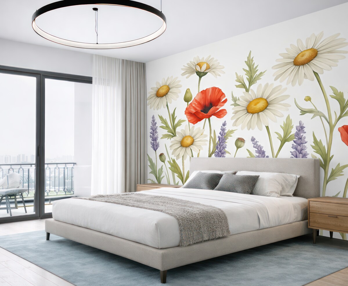 Fototapeta Białe stokrotki, czerwone maki oraz lawendowa farba akwarelowa.