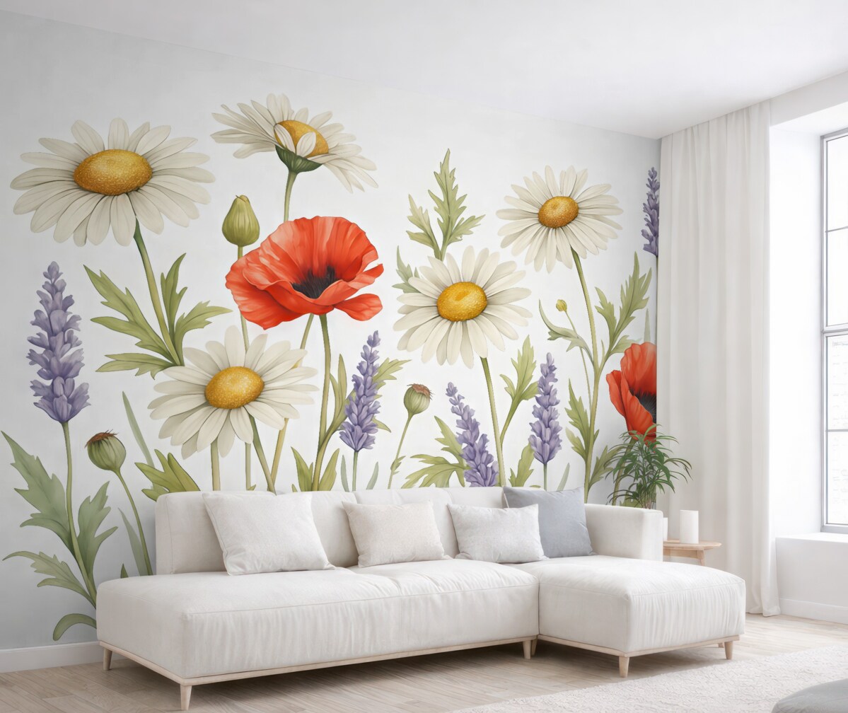 Fototapeta Białe stokrotki, czerwone maki oraz lawendowa farba akwarelowa.