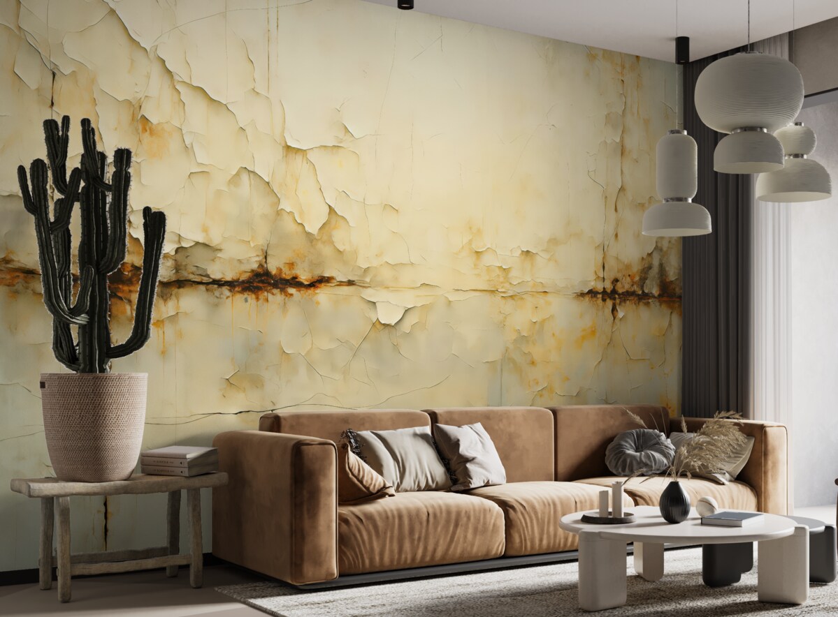 Fototapeta Zarysowania i pęknięcia w farbie na ścianie, odcień niebieskawy, beżowy.