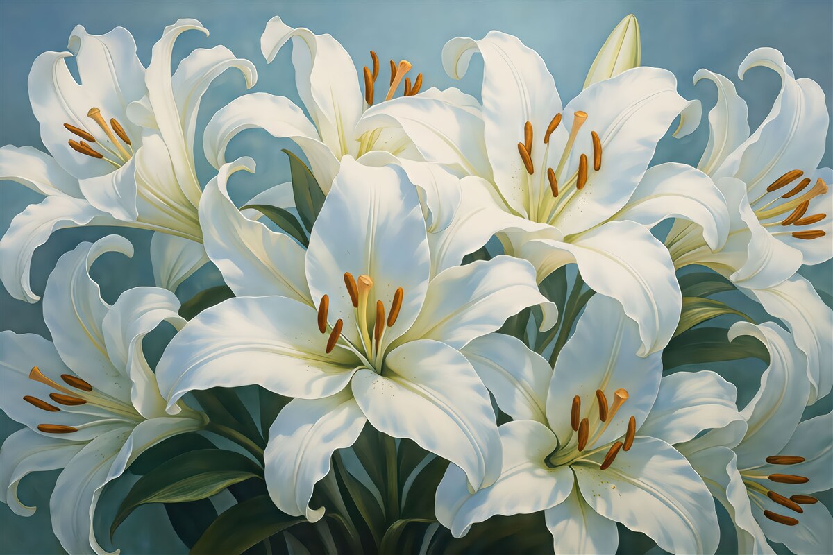Fototapeta Białe kwitnące lilie na błękitnym tle.