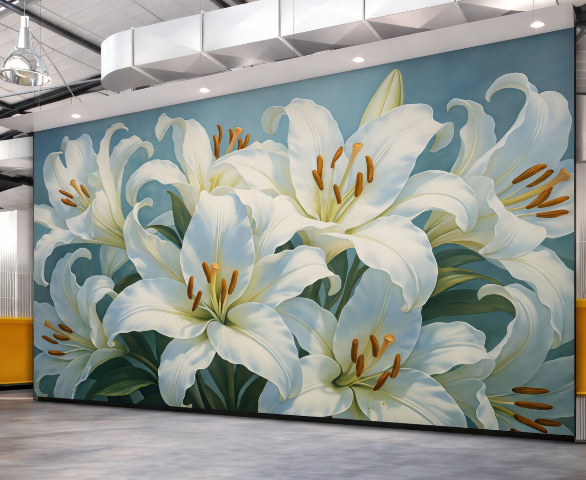 Fototapeta Białe kwitnące lilie na błękitnym tle.