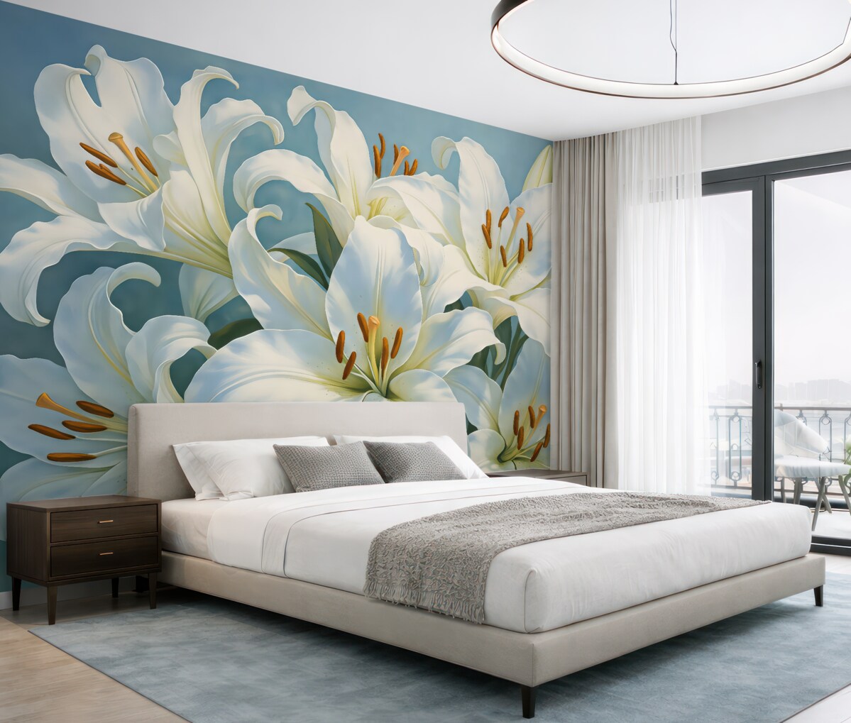 Fototapeta Białe kwitnące lilie na błękitnym tle.