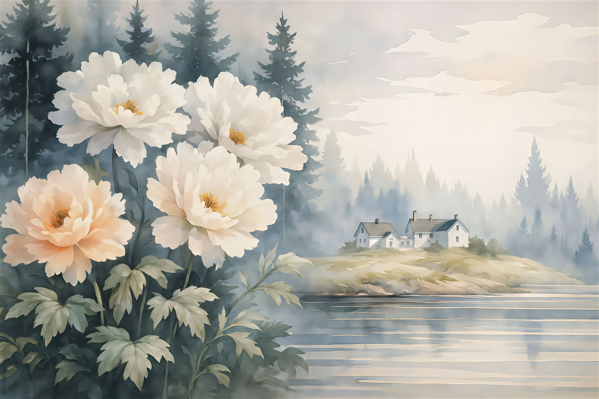 Fototapeta Wiejski pejzaż z domem i kwiatami w akwareli.