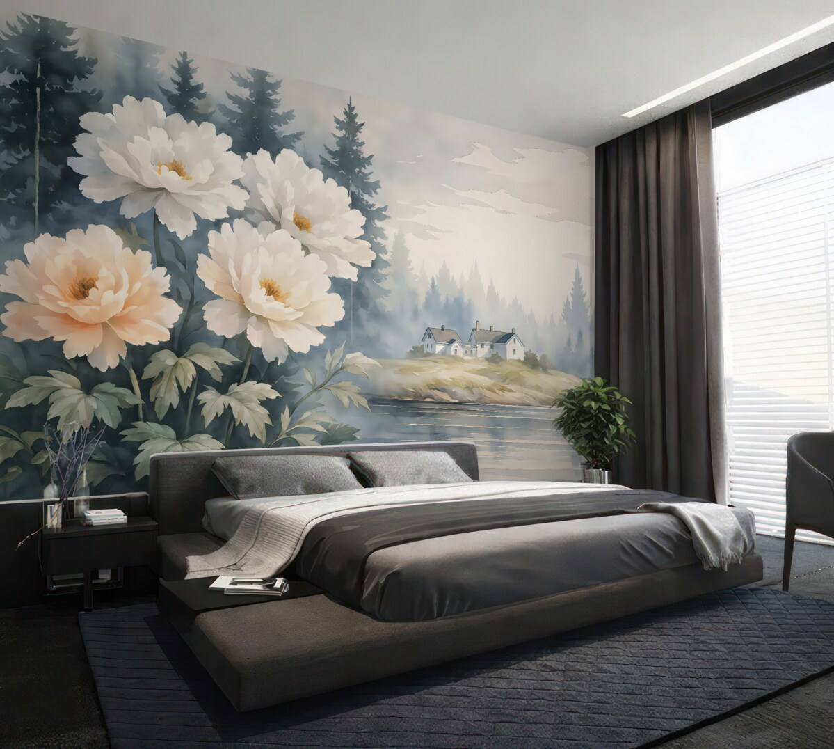 Fototapeta Wiejski pejzaż z domem i kwiatami w akwareli.