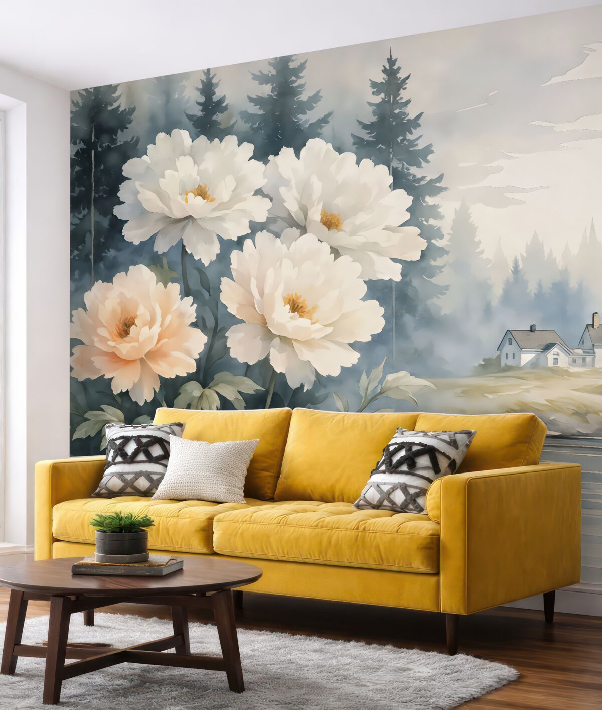 Fototapeta Wiejski pejzaż z domem i kwiatami w akwareli.