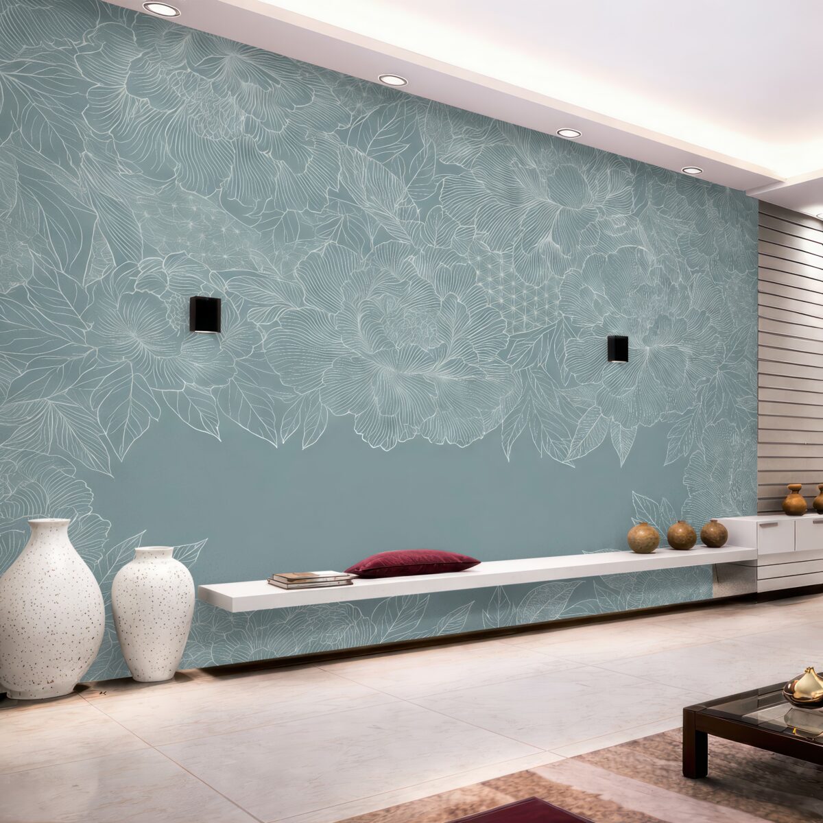 Fototapeta Liniowe kwiaty na szaro-zielonym tle.