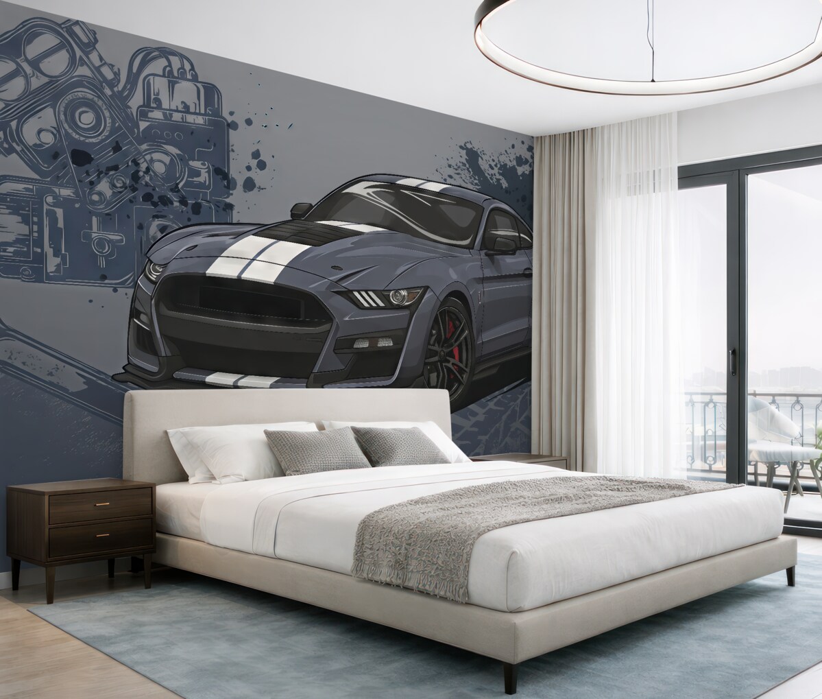 Fototapeta Tapeta dla młodzieży z autem i graficznym hasłem w odcieniu niebieskim.