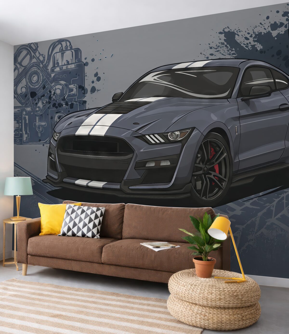 Fototapeta Tapeta dla młodzieży z autem i graficznym hasłem w odcieniu niebieskim.