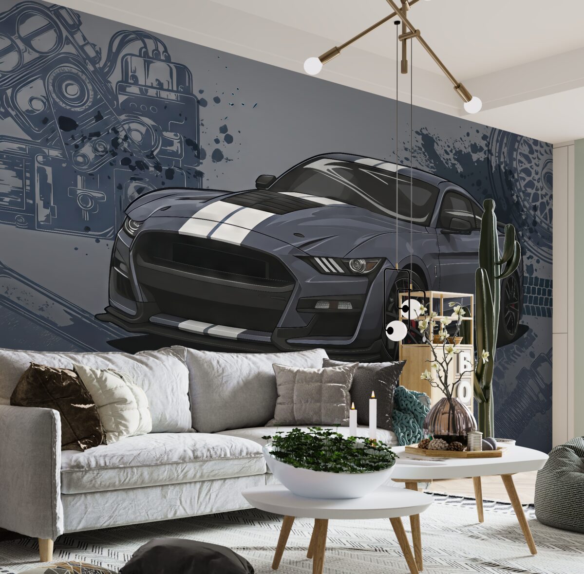 Fototapeta Tapeta dla młodzieży z autem i graficznym hasłem w odcieniu niebieskim.