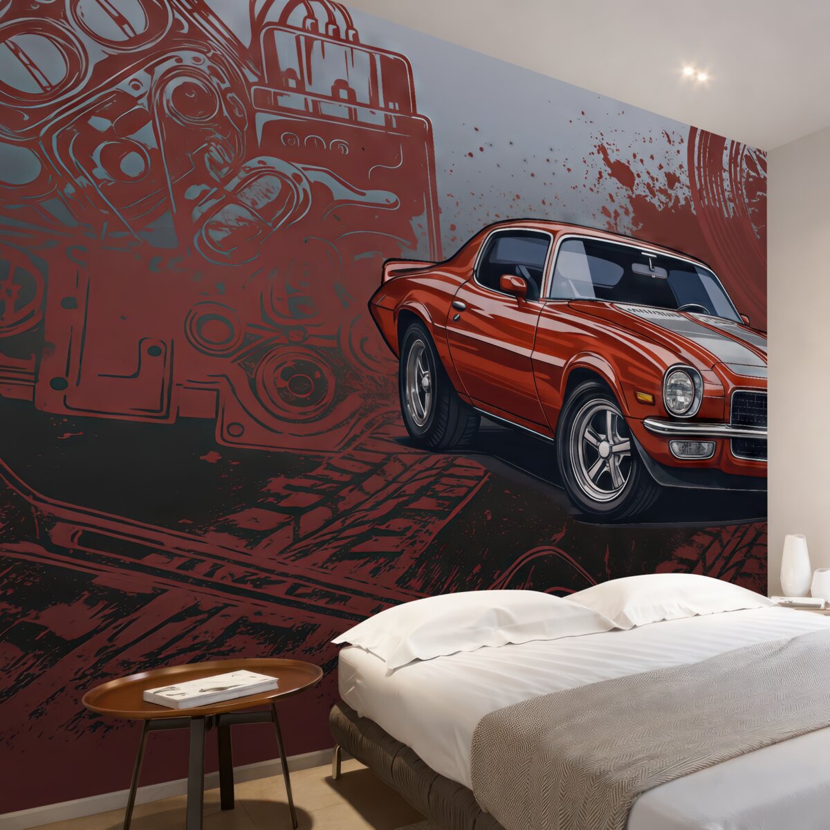 Fototapeta Czerwony pojazd i napisy w graffiti do pokoju młodzieżowego.