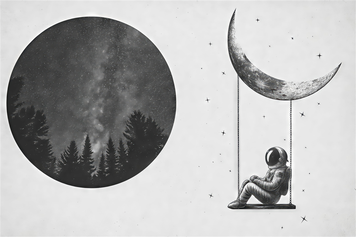 Fototapeta Kosmiczna fototapeta z astronautą, księżycem i lasem.