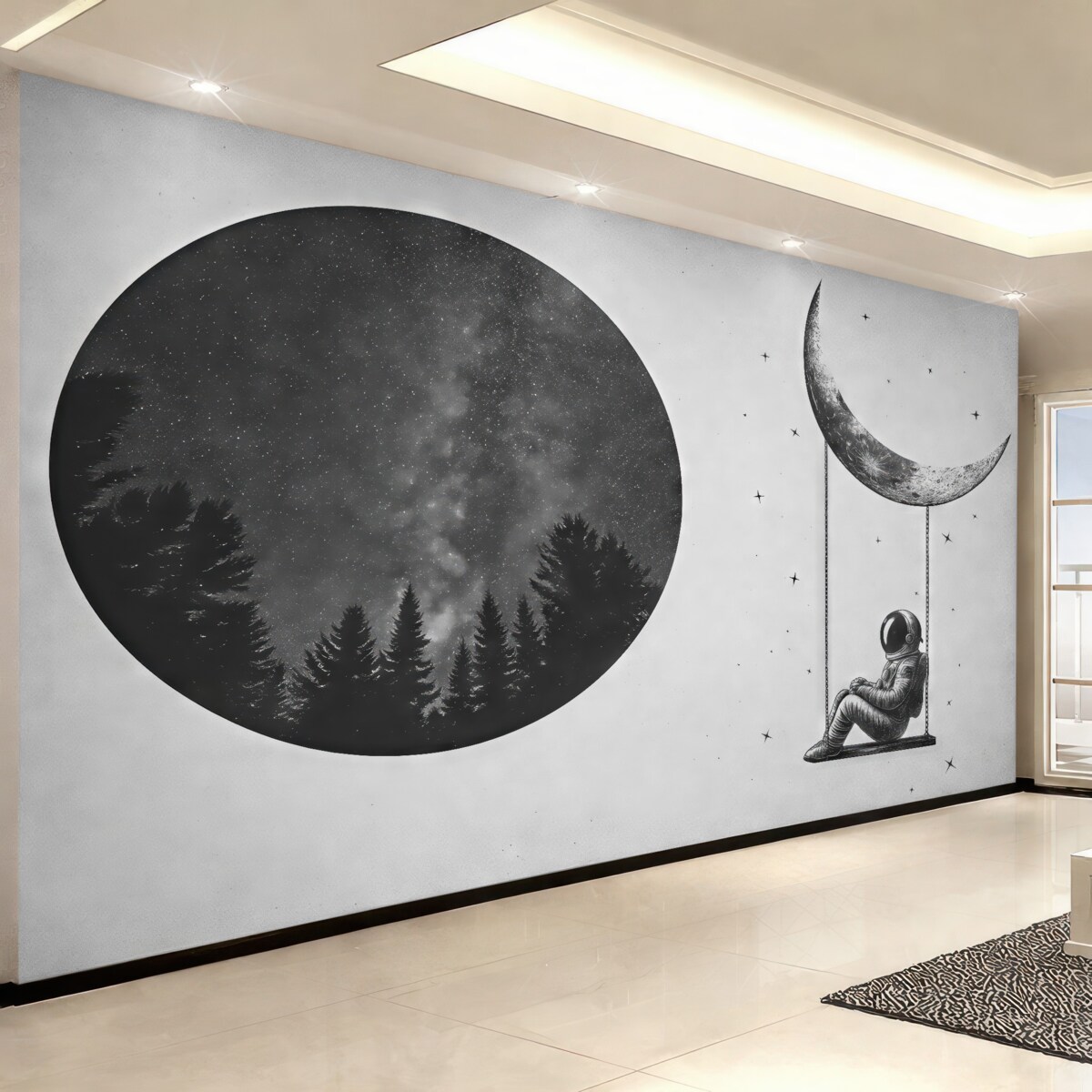 Fototapeta Kosmiczna fototapeta z astronautą, księżycem i lasem.