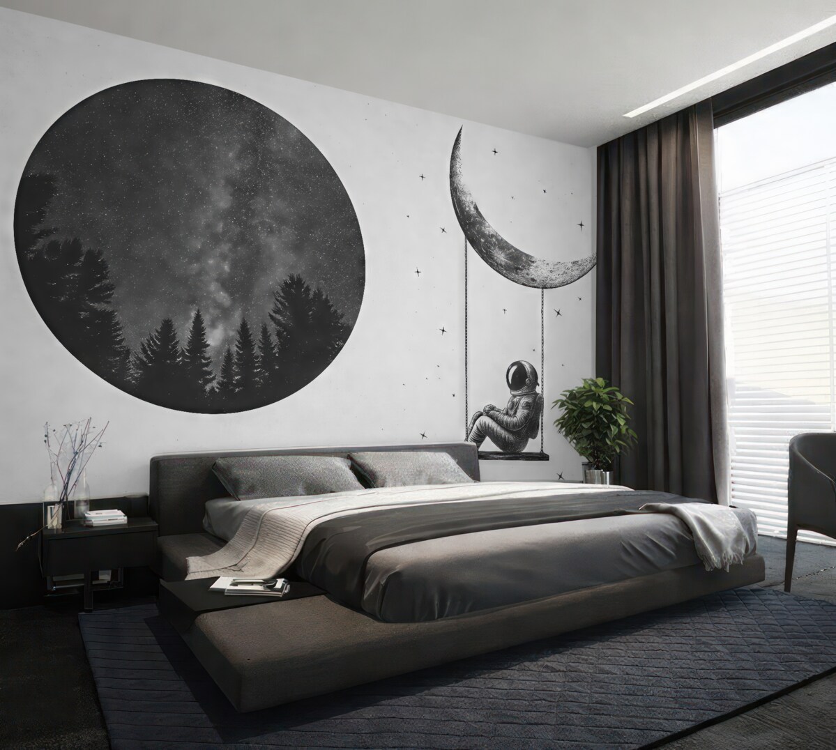 Fototapeta Kosmiczna fototapeta z astronautą, księżycem i lasem.