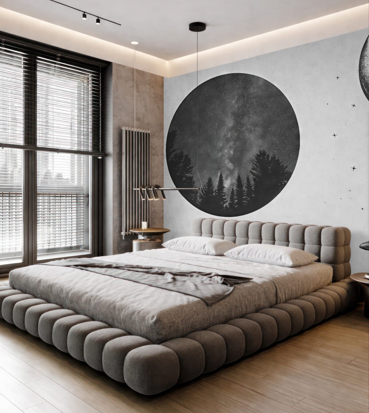 Fototapeta Kosmiczna fototapeta z astronautą, księżycem i lasem.