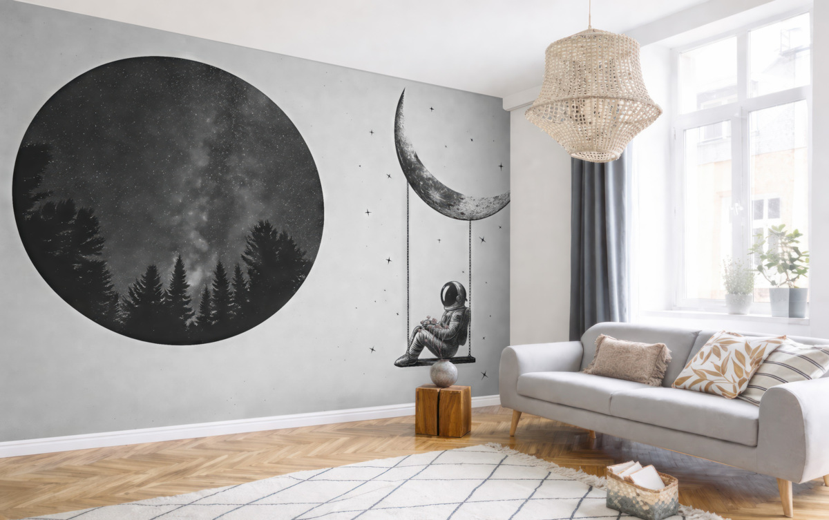 Fototapeta Kosmiczna fototapeta z astronautą, księżycem i lasem.