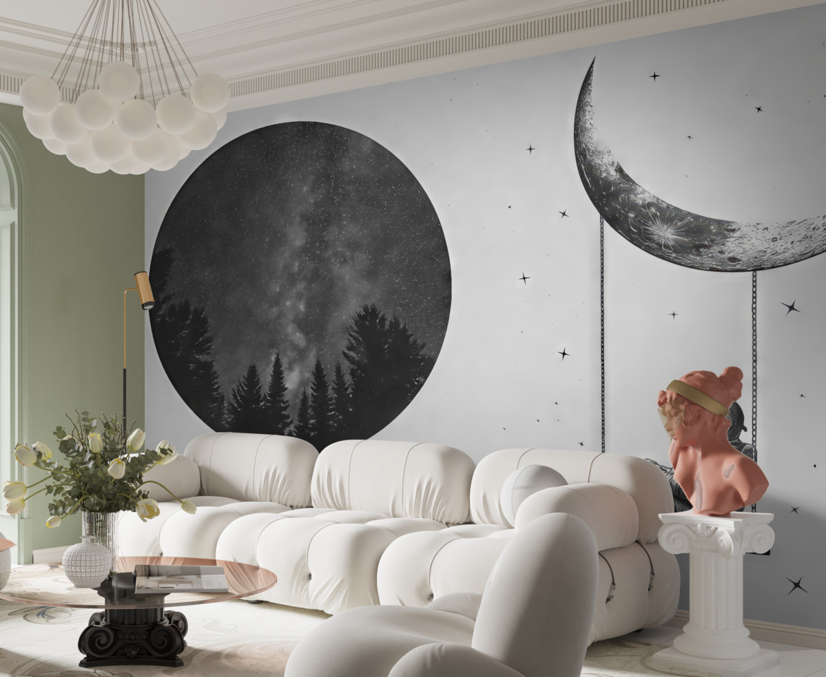 Fototapeta Kosmiczna fototapeta z astronautą, księżycem i lasem.