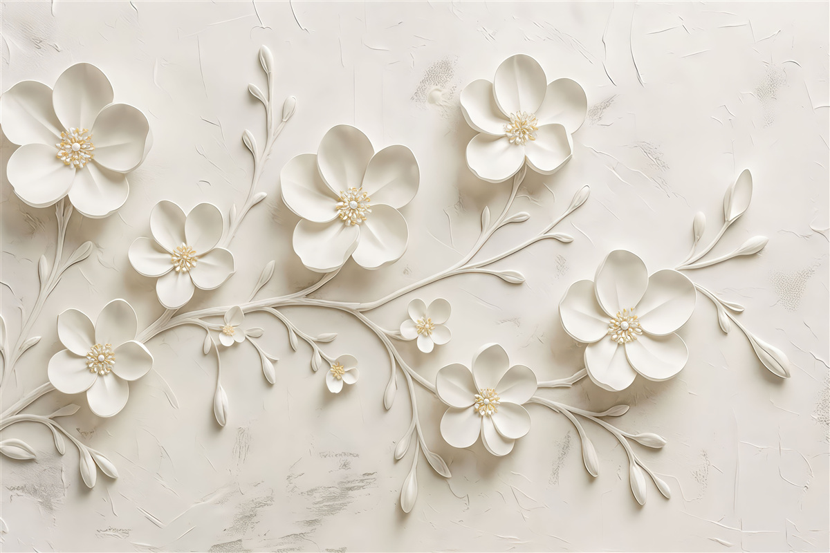 Fototapeta Białe tło o fakturze z trójwymiarowymi białymi kwiatami w pełnym rozkwicie, połączonymi gałązkami, proste i szykowne.