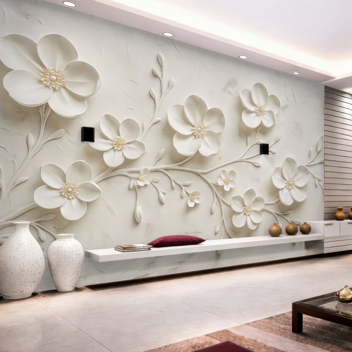 Fototapeta Białe tło o fakturze z trójwymiarowymi białymi kwiatami w pełnym rozkwicie, połączonymi gałązkami, proste i szykowne.