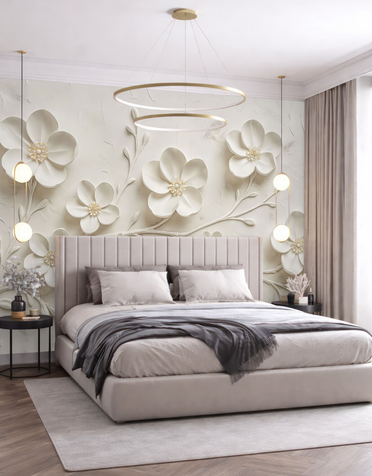 Fototapeta Białe tło o fakturze z trójwymiarowymi białymi kwiatami w pełnym rozkwicie, połączonymi gałązkami, proste i szykowne.