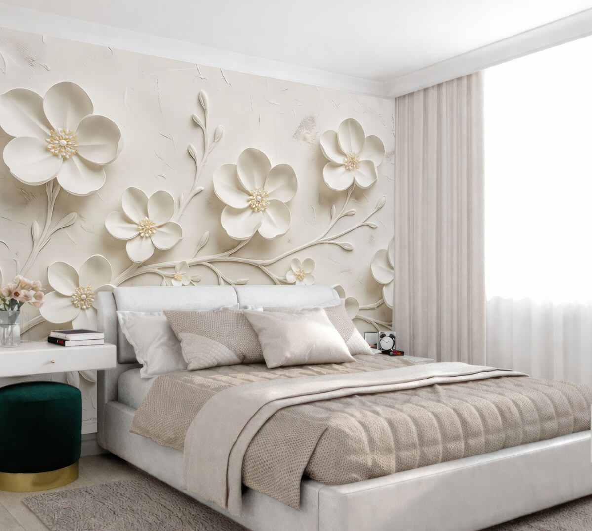 Fototapeta Białe tło o fakturze z trójwymiarowymi białymi kwiatami w pełnym rozkwicie, połączonymi gałązkami, proste i szykowne.