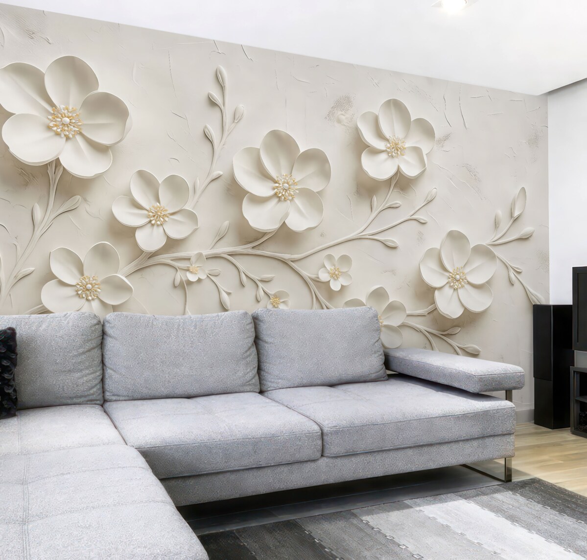 Fototapeta Białe tło o fakturze z trójwymiarowymi białymi kwiatami w pełnym rozkwicie, połączonymi gałązkami, proste i szykowne.