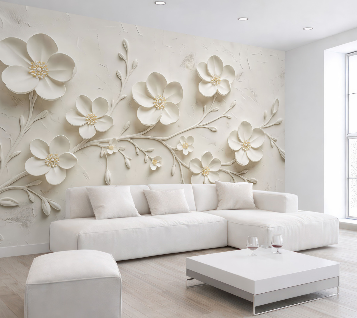 Fototapeta Białe tło o fakturze z trójwymiarowymi białymi kwiatami w pełnym rozkwicie, połączonymi gałązkami, proste i szykowne.